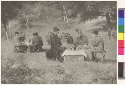 Vadászparti - Ferenc József császár Leopold bajor herceggel és IV. Ferdinánd toszkánai nagyherceggel egy asztalnál alkotó: Wilhelm Gause