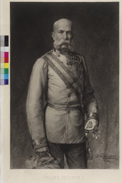 I. Ferenc József tábornagyi gálaegyenruhában, a gálasapka a gereblyézett alkotó: Wilhelm Hecht