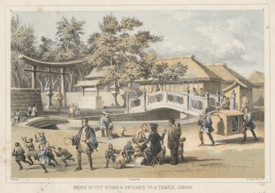 Vágott kő hídja és a templom bejárata, Simoda, 1855 alkotó: Wilhelm Joseph Heine