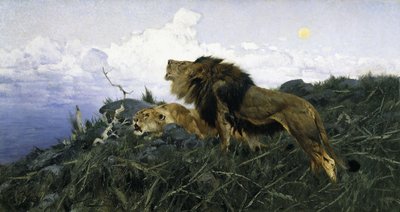 Oroszlánok alkonyatkor, alkotó: Wilhelm Kuhnert