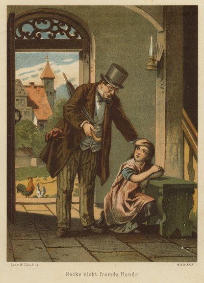 Apa vigasztalja lányát, miután elszenvedte a kutya ugratásának következményeit (színes litho) alkotó: Wilhelm Ludwig Heinrich Claudius