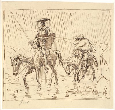Don Quijote és Sancho Panza zuhogó esőben lovagol alkotó: Wilhelm Marstrand