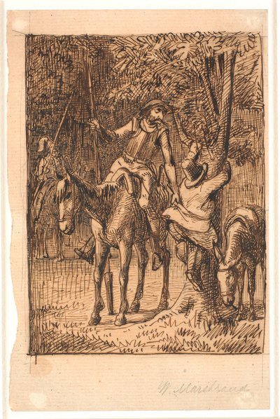 A Tükörlovaggal való küzdelem előtt Don Quijote felsegíti Sancho Panzát egy fára alkotó: Wilhelm Marstrand