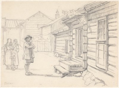 Utca Orsában, Dalarna, balra két nővel, valamint egy gyermekkel és egy férfival alkotó: Wilhelm Marstrand