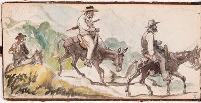 P.C. Skovgaard és A. Kittendorff szamarakon lovagolva egy hegyvidéki tájban alkotó: Wilhelm Marstrand