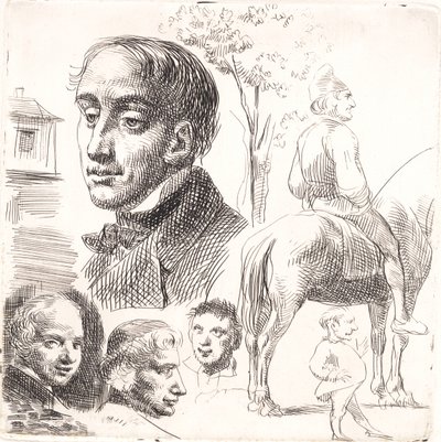 Stilográfiai próbalap portréfejekkel, lovon ülő paraszttal stb. alkotó: Wilhelm Marstrand