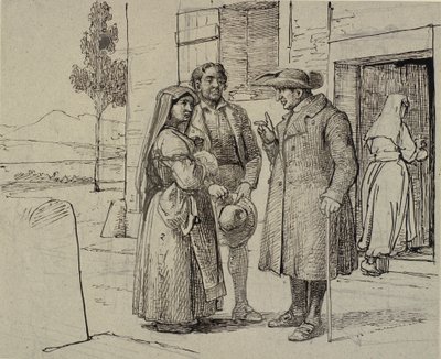 Egy házon kívül egy pap int egy fiatal házaspárt alkotó: Wilhelm Marstrand