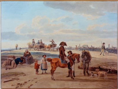 Lovasok, gazdák és kocsik egy város előtt alkotó: Wilhelm von Kobell