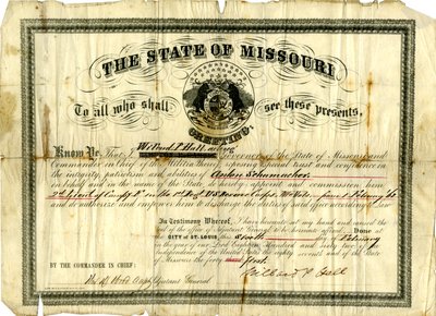 Anton Schumacher katonai bizottsága, mint az F. század 2. hadnagya az U.S.R.C. 1. ezredben, Missouri Volunteers, 1862. február 6. alkotó: Willard P. Hall