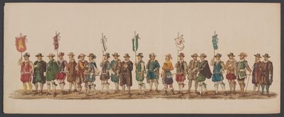 1862. évi delfti felvonulás, ötödik csoport A delfti Királyi Akadémia negyedik Lustrumja - Ao. 1862 - Costumed Optogt (sorozat címe a tárgyon) alkotó: Willem Bernardus IJzerdraat