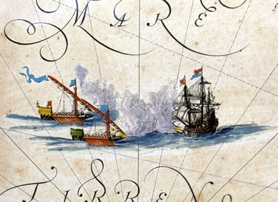 Harc két gálya és egy karakó között. Willem Janszoon Blaeu atlasza (1571-1638) alkotó: Willem Blaeu
