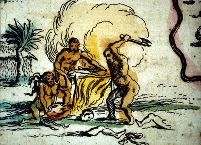 Brazília. Kannibálok egy embert baltával ábrázolva. Részlet a W. Blaeu atlasz térképéről alkotó: Willem Blaeu