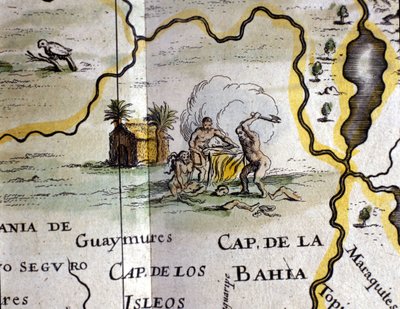 Brazília. Kannibálok egy embert egy baltával. Részlet a W. Blaeu atlasz térképéről alkotó: Willem Blaeu