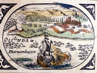 Brazília, kilátás Pernambucora (Recife), W. G. Blaeu atlasza, Amszterdam 1600. alkotó: Willem Blaeu