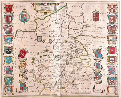Cambridge shire, a Willem Blaeu által készített "Theatrum Orbis Terrarum, sive Atlas Novus"-ban (Amszterdam). alkotó: Willem Blaeu