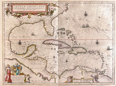 Karib-tenger, Hounduras és Florida, Willem Blaeu, Amszterdam, "Theatrum Orbis Terrarum, sive Atlas Novus" című kötetében. alkotó: Willem Blaeu