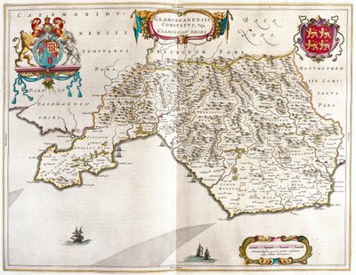 Glamorgan shire, a Willem Blaeu által készített "Theatrum Orbis Terrarum, sive Atlas Novus"-ban (Amszterdam). alkotó: Willem Blaeu