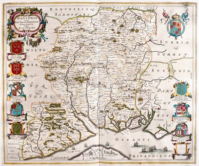 Hampshire és Southampton, a Willem Blaeu által készített "Theatrum Orbis Terrarum, sive Atlas Novus"-ban, Amszterdam, Amszterdam alkotó: Willem Blaeu
