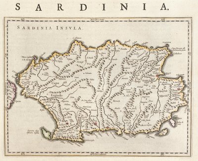 Szardínia szigete, Olaszország, Willem Blaeu "Theatrum Orbis Terrarum, sive Atlas Novus" című művében, Amszterdam. alkotó: Willem Blaeu