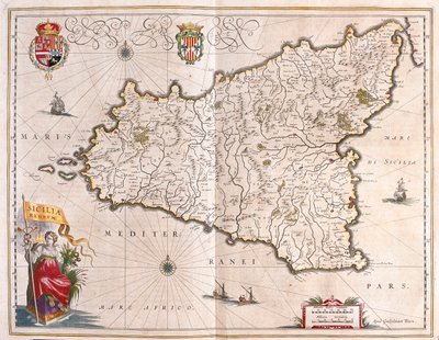 Szicília szigete, Olaszország, Willem Blaeu "Theatrum Orbis Terrarum, sive Atlas Novus" című művében, Amszterdam. alkotó: Willem Blaeu