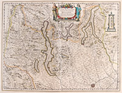 Milánó, tavakkal: Maggiore, Lugano és Como, Olaszország-Svájc - a "Theatrum Orbis Terrarum, sive Atlas Novus" című műben, szerző: Willem Blaeu, Amszterdam. alkotó: Willem Blaeu