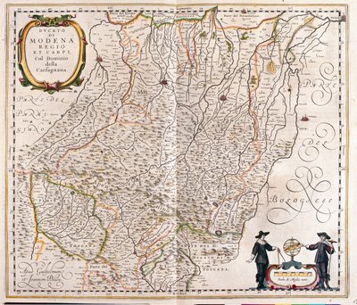 Modena, Reggio Emilia, Carpi, Garfagnana vége, Olaszország, Willem Blaeu, Amszterdam, "Theatrum Orbis Terrarum, sive Atlas Novus" című művében. alkotó: Willem Blaeu