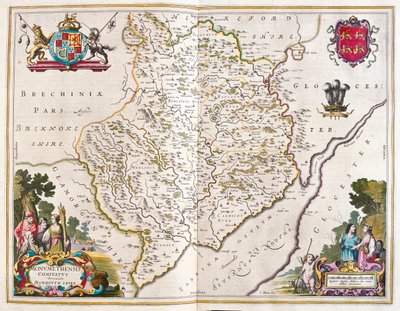 Monmouth shire (Anglia és Wales), a Willem Blaeu által készített "Theatrum Orbis Terrarum, sive Atlas Novus"-ban (Amszterdam). alkotó: Willem Blaeu