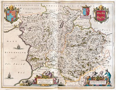 Montgomery és merioneth, Willem Blaeu, Amszterdam, "Theatrum Orbis Terrarum, sive Atlas Novus" című könyvében. alkotó: Willem Blaeu