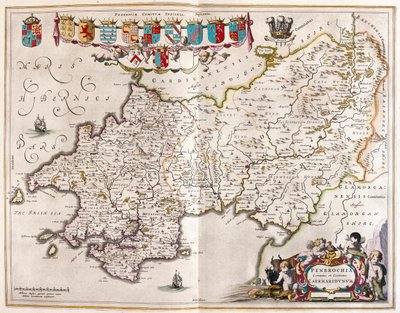 Pembrokrshire és carmarthenshire, a Willem Blaeu által készített "Theatrum Orbis Terrarum, sive Atlas Novus"-ban (Amszterdam). alkotó: Willem Blaeu