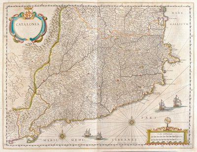 Katalónia tartomány, Spanyolország, az amszterdami Willem Blaeu "Theatrum Orbis Terrarum, sive Atlas Novus" című művében. alkotó: Willem Blaeu