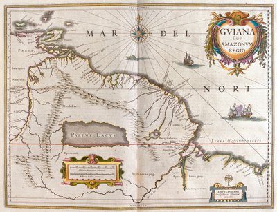 Orinoco folyó, Rio Amazzonas, Venezuela, Északkelet-Brasile, Willem Blaeu, Amszterdam, "Theatrum Orbis Terrarum, sive Atlas Novus" című művében. alkotó: Willem Blaeu