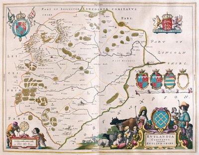 Rutland shire, a Willem Blaeu által készített "Theatrum Orbis Terrarum, sive Atlas Novus"-ban (Amszterdam). alkotó: Willem Blaeu