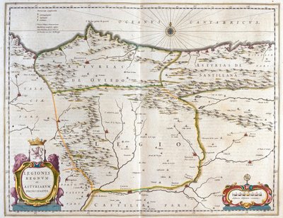 Asztúria, Kasztília és León spanyol tartomány, beleértve Oviedo, León, Santander és Valladolid városokat, Willem Blaeu, Amszterdam, "Theatrum Orbis Terrarum, sive Atlas Novus" című művében. alkotó: Willem Blaeu