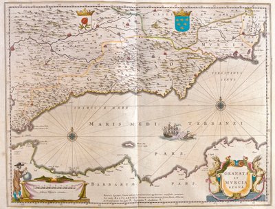 a Gibraltári-szoros Alicantéig, a Guagalquivir-völgyig és Sevilláig, valamint Észak-Afrika partvidékéig, Willem Blaeu "Theatrum Orbis Terrarum, sive Atlas Novus" című művében, Amszterdam. alkotó: Willem Blaeu