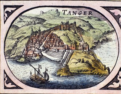 Kilátás a megerősített Tanger városra és a tengerpartra, Marokkó. Térkép a holland atlaszból, W. G. Blaeu, Amszterdam alkotó: Willem Blaeu