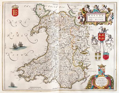 Wales, a Willem Blaeu által készített "Theatrum Orbis Terrarum, sive Atlas Novus" című könyvben, Amszterdam. alkotó: Willem Blaeu