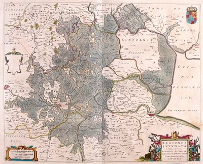 Norfolk, Suffolk, Huntington, Northampton Cambridge és Lincoln "elárasztott területei", Willem Blaeu, Amszterdam, "Theatrum Orbis Terrarum, sive Atlas Novus" című művében. alkotó: Willem Blaeu