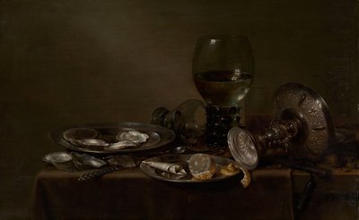 Csendélet osztrigával, ezüst tazzával és üvegáruval, 1635. alkotó: Willem Claesz. Heda
