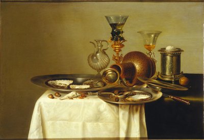 Csendélet roemerrel aranyozott állványon, kőedényekkel és osztrigával, 1637. alkotó: Willem Claesz. Heda