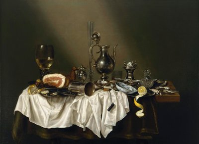 ""Table de banquet avec jambon"" (Banquet Piece with Ham) Peinture de Willem Claesz (Claeszoon) Heda (1594-1680) - 1656 - Olaj, vászon Mérete 111x152 cm Szépművészeti Múzeum, Houston alkotó: Willem Claesz. Heda