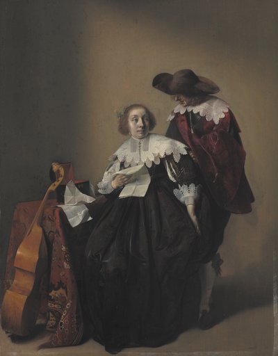 Egy ülő nő levéllel, egy úriember, aki mellette áll alkotó: Willem Cornelisz Duyster