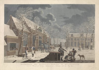 Havas táj katonákkal beszélget civilekkel Naarden ostroma alatt Hoofdwagt der nationale kert Muijderberghben, a Blocade der Naarden erőd előtt, 1813 novemberétől 1814 Mey-ig (cím a tárgyon) alkotó: Willem Hendrik Hoogkamer (attributed to)
