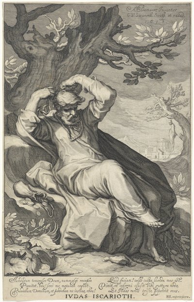 Iskariótes Júdás felakasztja magát Iskariótes Júdás (cím a tárgyon) Bűnösök az Ó- és Újszövetségből (sorozat címe) alkotó: Willem Isaacsz. van Swanenburg