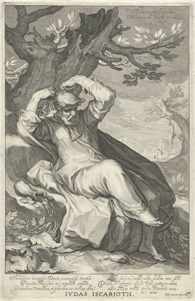 Iskariótes Júdás felakasztja magát Iskariótes Júdás (cím a tárgyon) Az Ó- és Újszövetség bűnösei (sorozat címe) alkotó: Willem Isaacsz. van Swanenburg