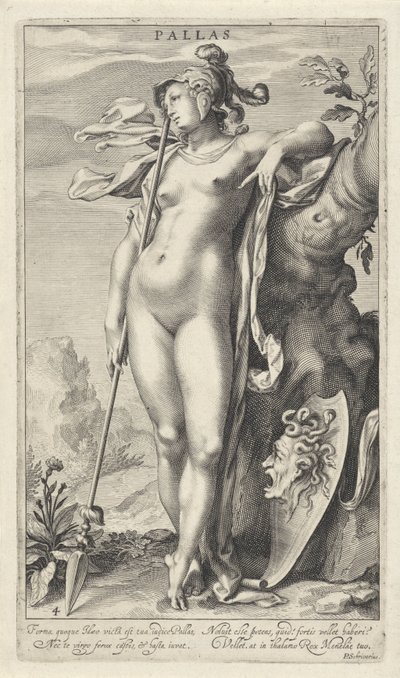 Minerva egy fa mellett Pallas (cím a tárgyon) Párizsi ítélet (sorozat címe) alkotó: Willem Isaacsz. van Swanenburg