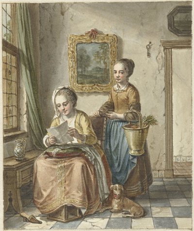 Ülő nő szobalánnyal, levelet olvas alkotó: Willem Joseph Laquy