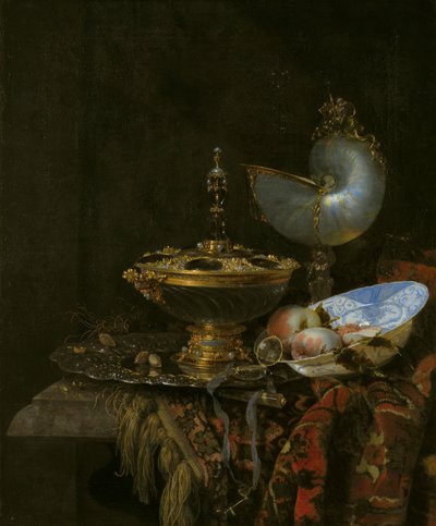 Dán: Pronk csendélet Holbein tállal, Nautilus csészével, üvegpohárral és gyümölcstállal alkotó: Willem Kalf