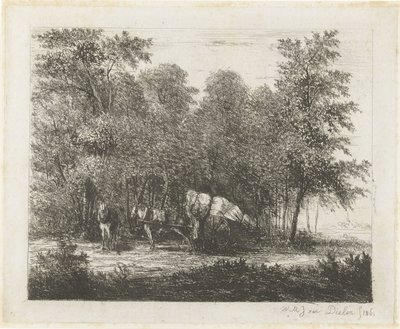 Tájkép egy férfival egy teljesen megrakott szekérrel és egy befogott lóval alkotó: Willem Matthias Jan van Dielen