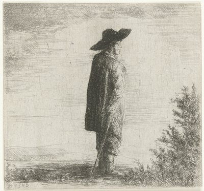 Férfi kalappal és bottal a tájban alkotó: Willem Matthias Jan van Dielen