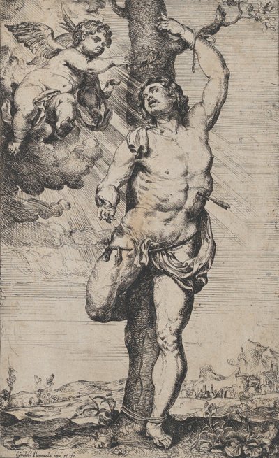 Szent Sebestyén vértanúsága, a bal felső sarokban angyalok koronázták meg, kb. 1620-32... alkotó: Willem Panneels